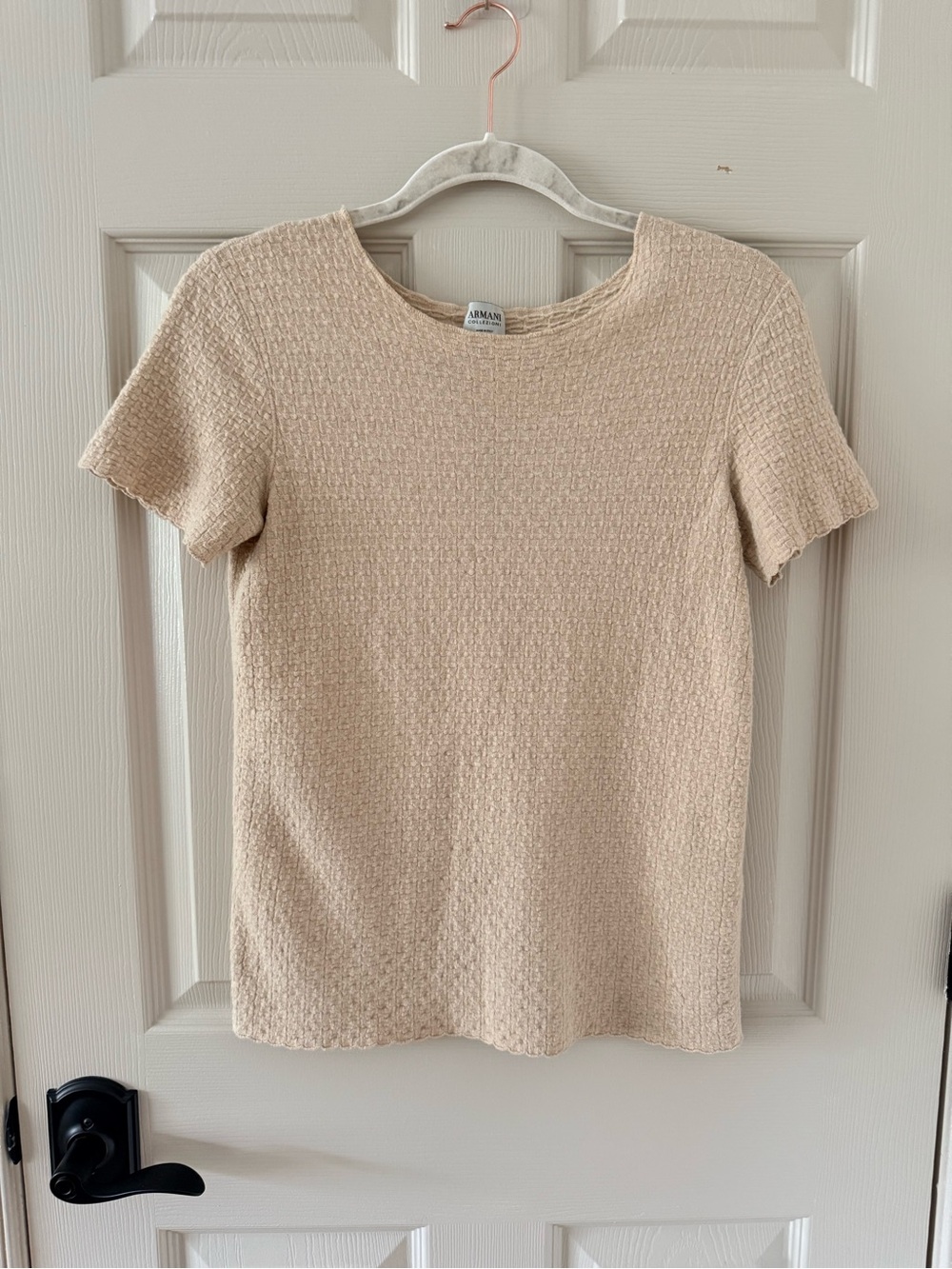 Armani Collezioni Beige Textured Knit Short Sleeve Sweater Top